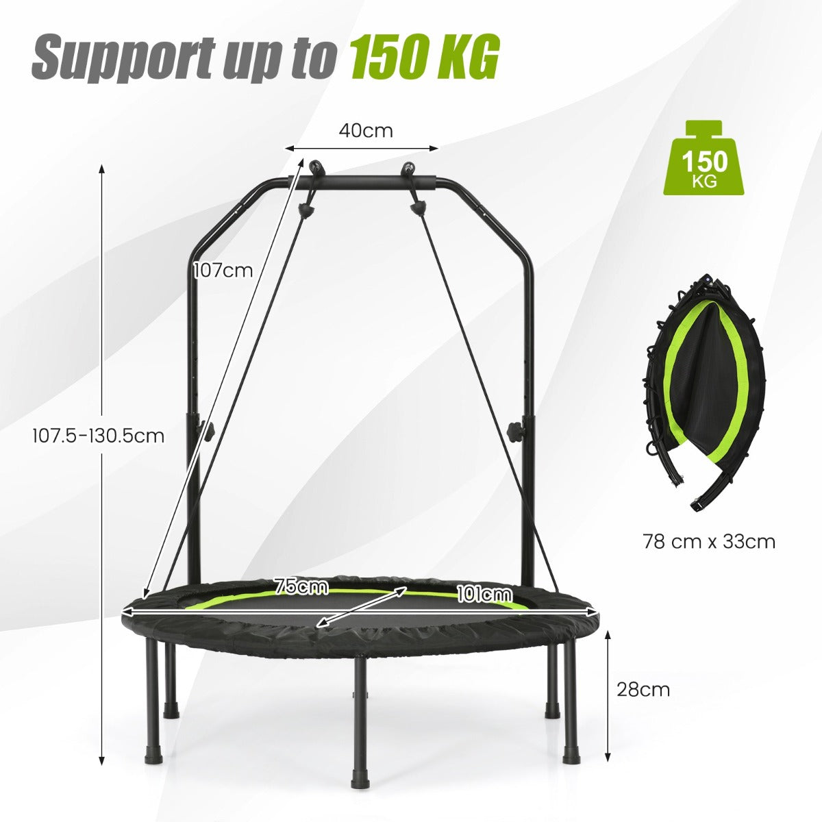 LIVSK Opvouwbare Trampoline 101 cm - 2 Weerstandsbanden - Verstelbare Handgreep - Draagvermogen 150 kg - Zwart + Groen