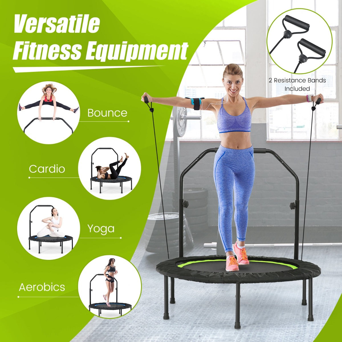 LIVSK Opvouwbare Trampoline 101 cm - 2 Weerstandsbanden - Verstelbare Handgreep - Draagvermogen 150 kg - Zwart + Groen