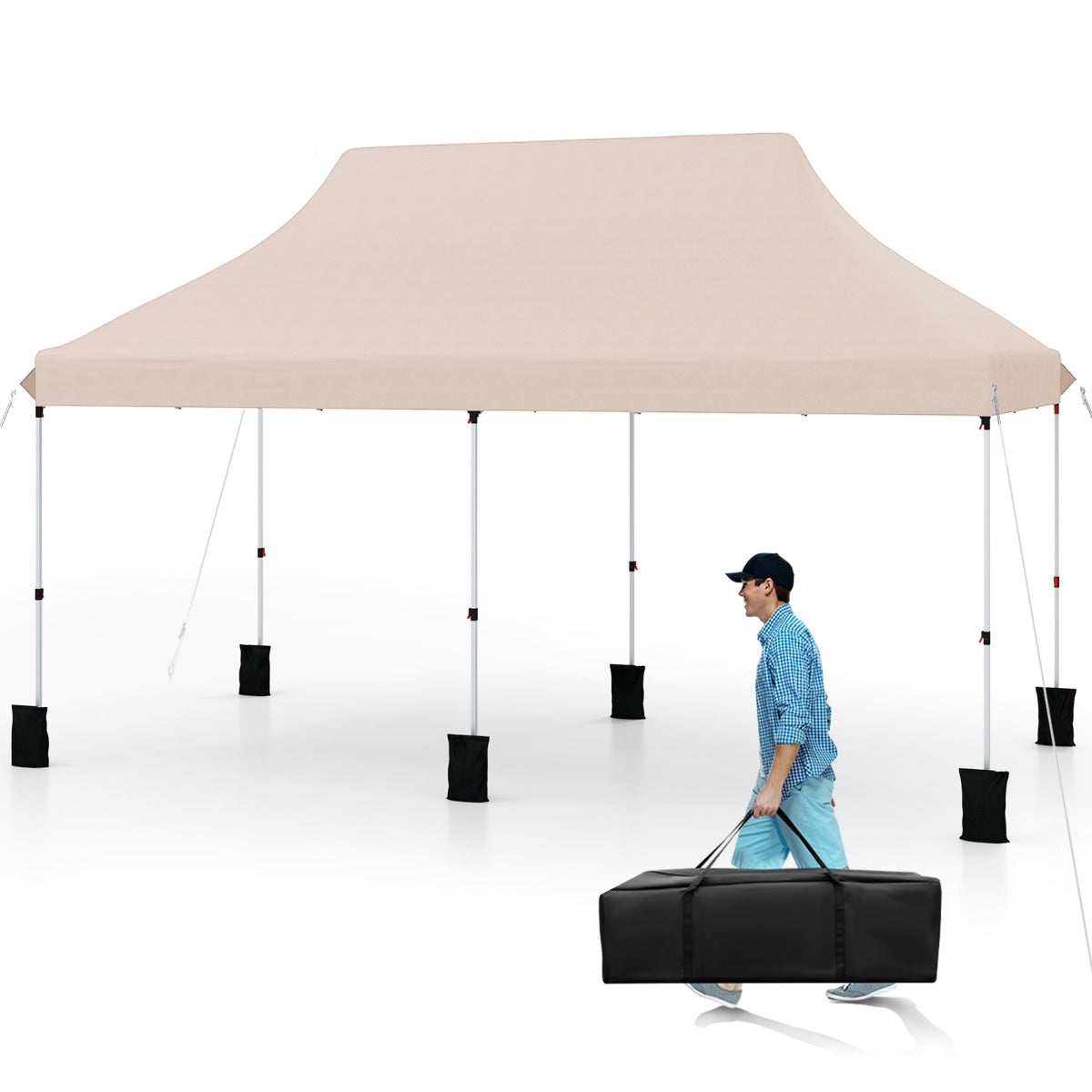 LIVSK Opvouwbare Partytent 300 x 600 cm - In hoogte verstelbaar 296-316 cm - Waterafstotend - Voor 15-20 personen - Beige