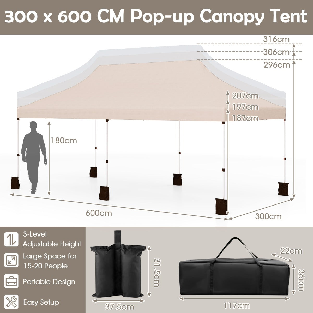 LIVSK Opvouwbare Partytent 300 x 600 cm - In hoogte verstelbaar 296-316 cm - Waterafstotend - Voor 15-20 personen - Beige