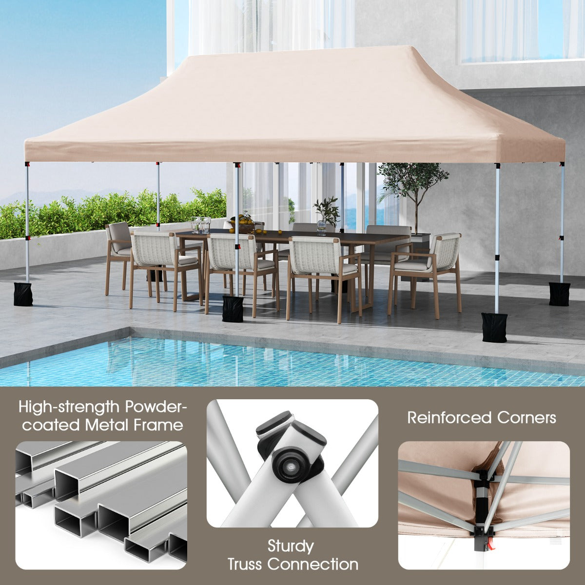 LIVSK Opvouwbare Partytent 300 x 600 cm - In hoogte verstelbaar 296-316 cm - Waterafstotend - Voor 15-20 personen - Beige