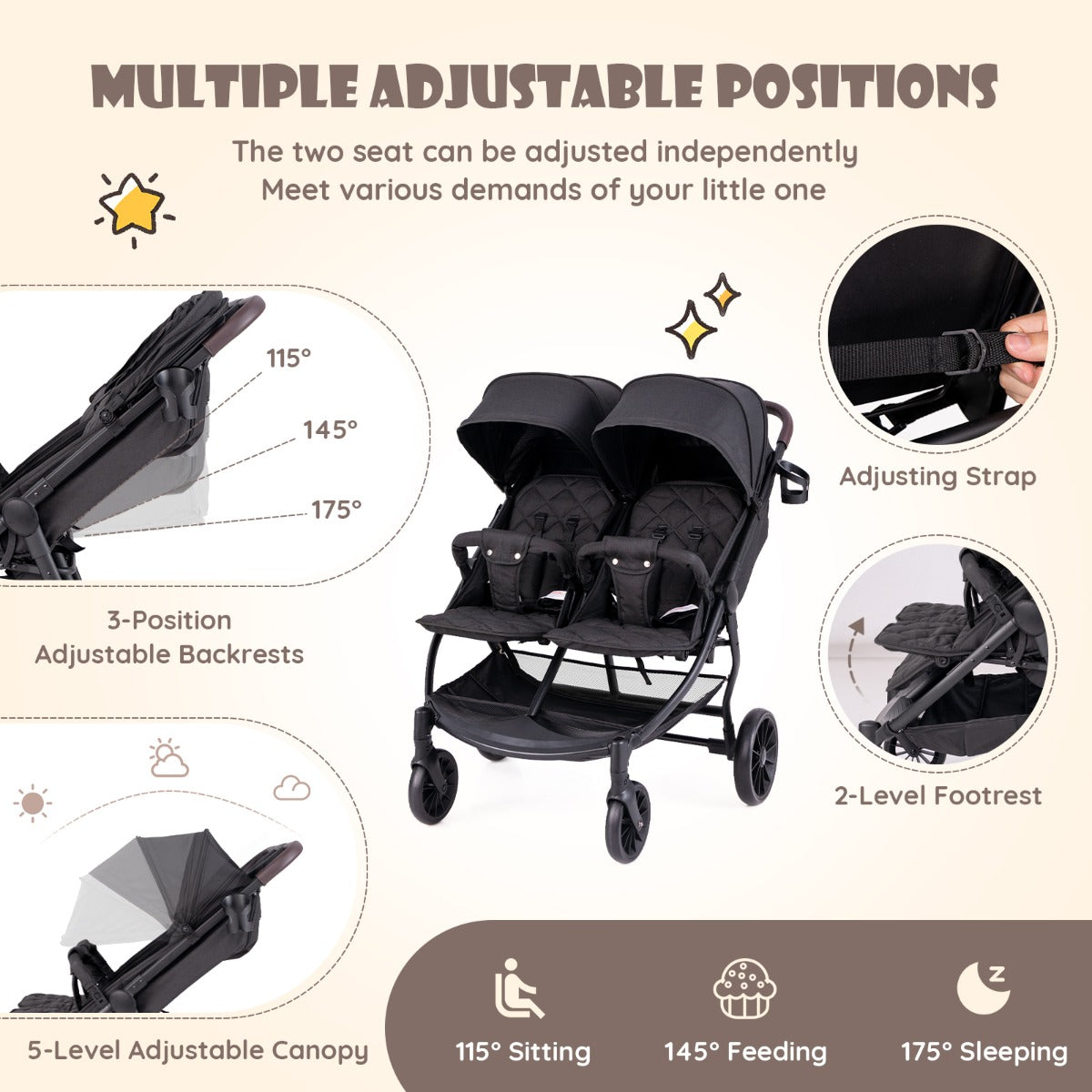 LIVSK Opvouwbare Dubbele Kinderwagen - Voor 0-3 Jaar - Verstelbare Rugleuning en Voetsteun - 5-puntsveiligheidsgordel - Grijs