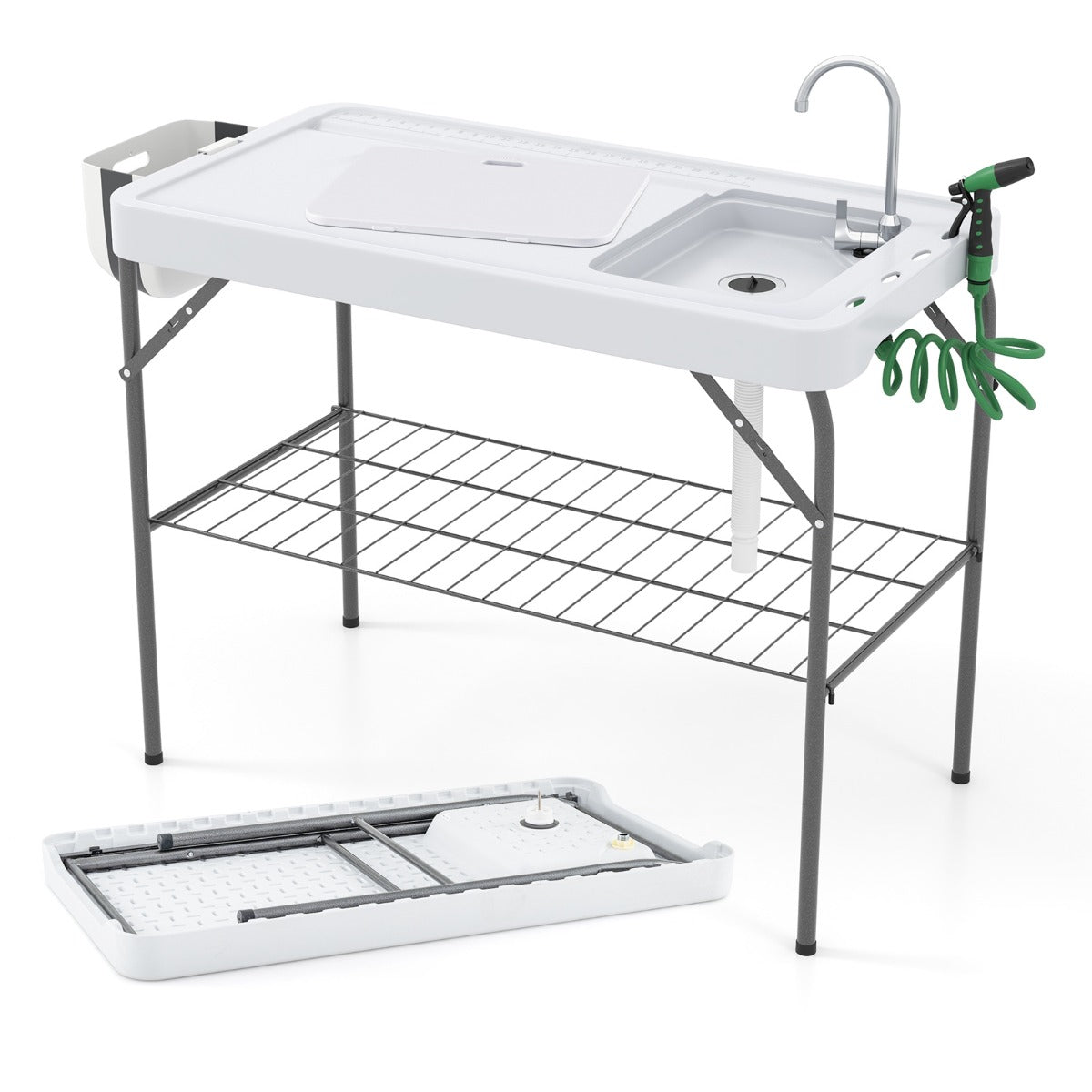 LIVSK multifunctionele buitentafel - 2-in-1 Werkstation met Gootsteen en Vuilniszakhouder - Opvouwbaar - Tot 150 kg - Wit + Zwart