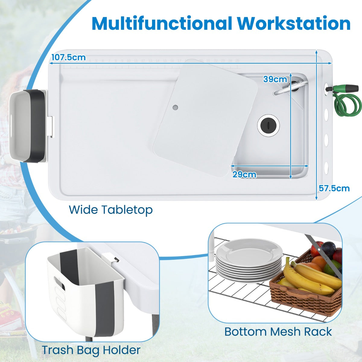 LIVSK multifunctionele buitentafel - 2-in-1 Werkstation met Gootsteen en Vuilniszakhouder - Opvouwbaar - Tot 150 kg - Wit + Zwart
