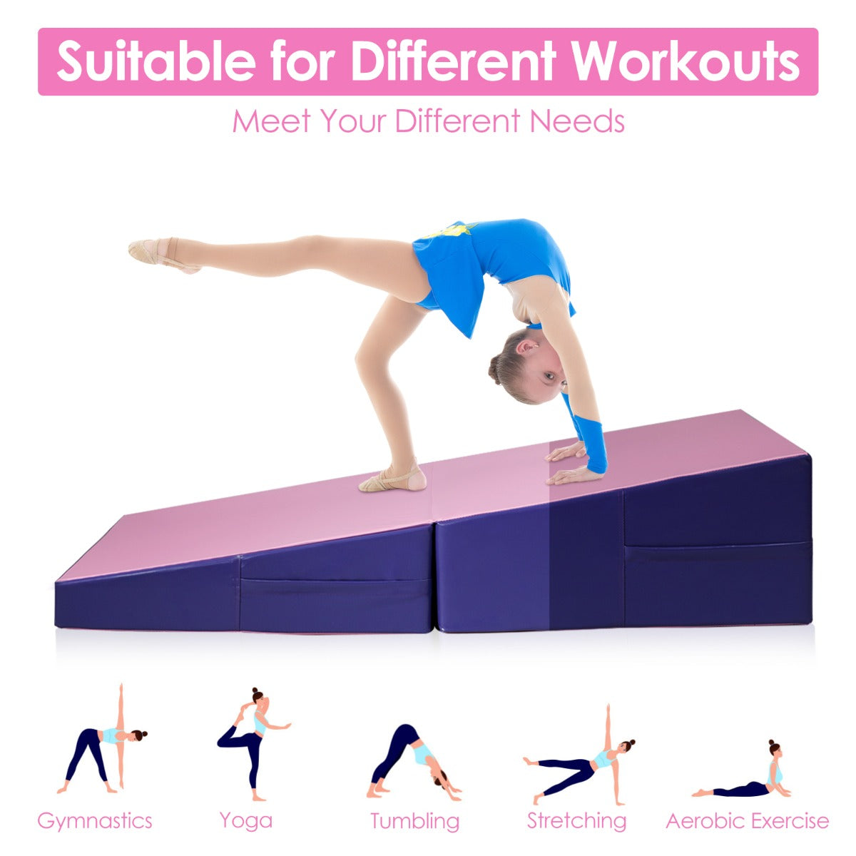 LIVSK Hellende Gymnastiekmat - Ergonomisch Wigvormig - Scheurbestendig PVC - Draaghendels - Voor Kinderen en Volwassenen - Roze