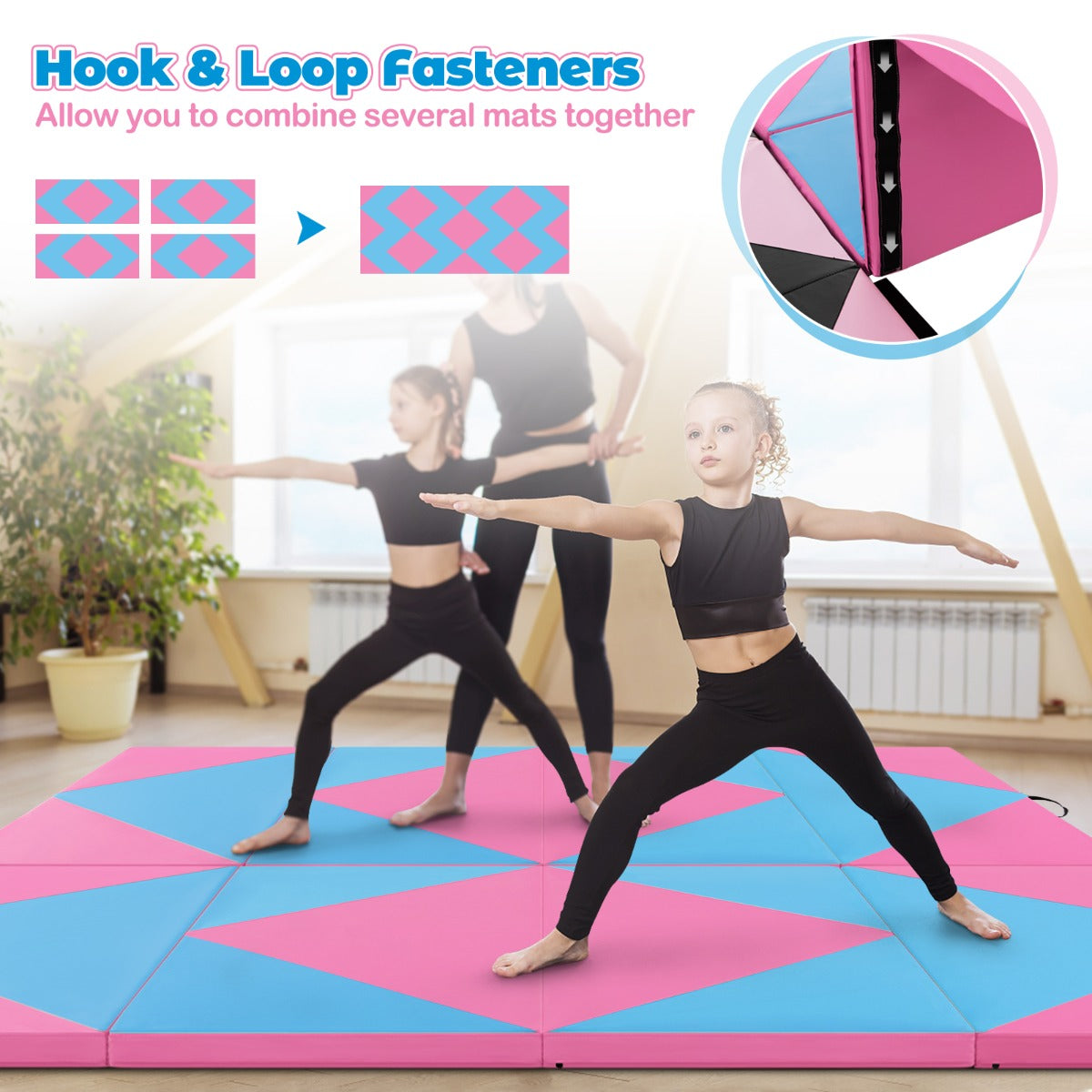 LIVSK Opvouwbare Yogamat - Draagbaar en Waterdicht - Klittebandsluitingen - 240 x 117 x 5 cm - Roze + Blauw