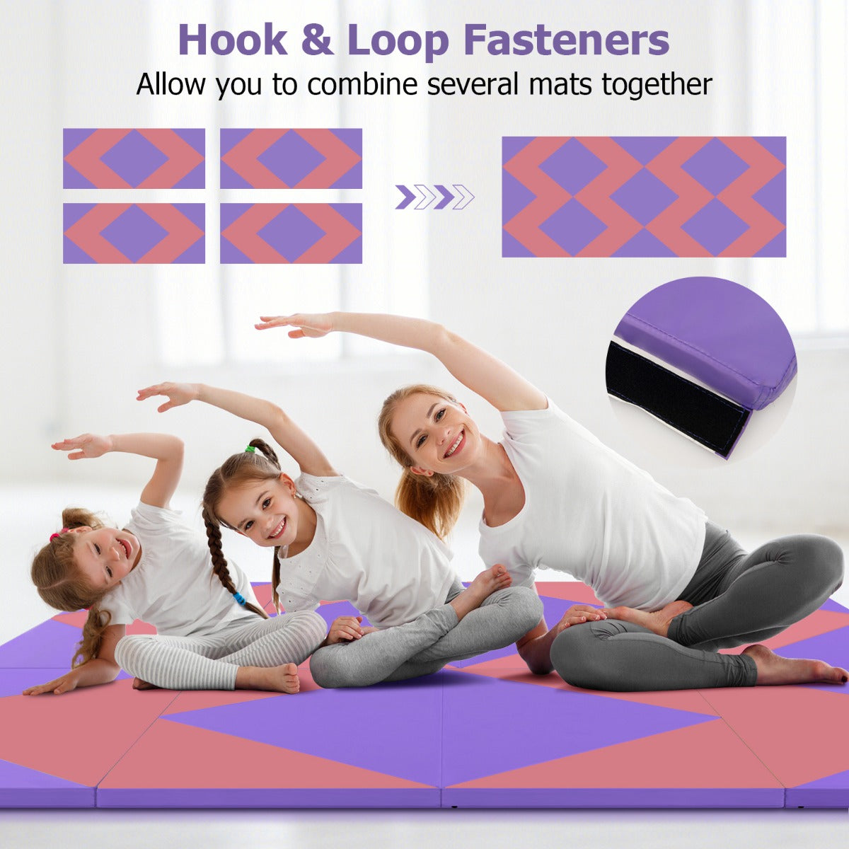 LIVSK Opvouwbare Yogamat - Dik EPE-schuim - PU-lederen Hoes - Draagbaar - Waterbestendig - 240 x 117 x 5 cm - Roze + Paars