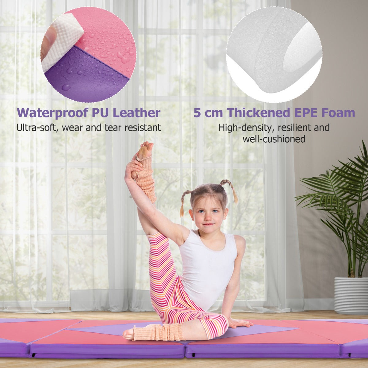 LIVSK Opvouwbare Yogamat - Dik EPE-schuim - PU-lederen Hoes - Draagbaar - Waterbestendig - 240 x 117 x 5 cm - Roze + Paars