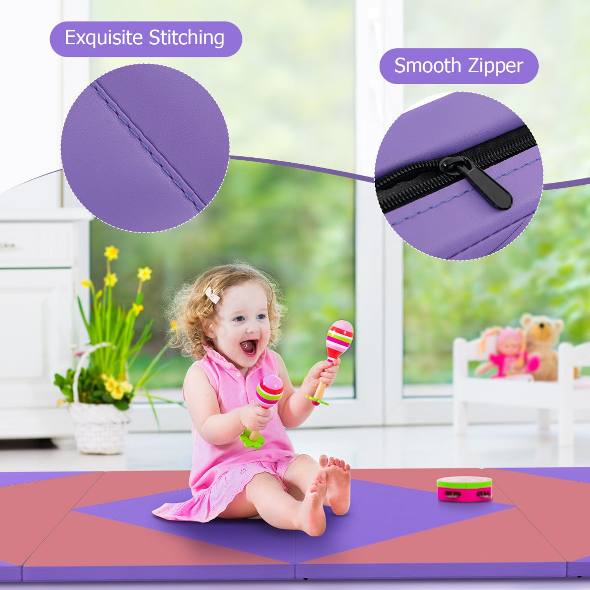 LIVSK Opvouwbare Yogamat - Dik EPE-schuim - PU-lederen Hoes - Draagbaar - Waterbestendig - 240 x 117 x 5 cm - Roze + Paars