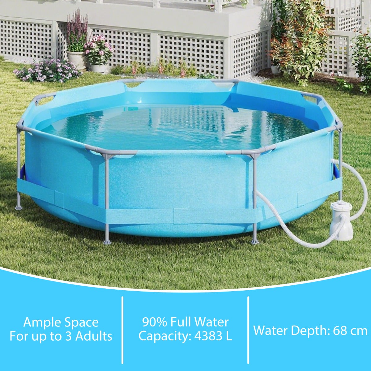 LIVSK Opzetzwembad - Driedelige PVC-wanden - Versterkt frame - Inclusief filterpomp - 4383 L - 3 m x 76 cm - Blauw
