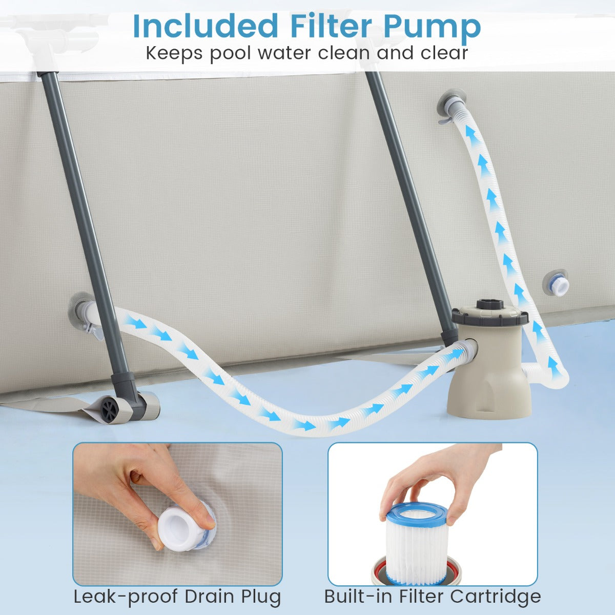LIVSK Opzetzwembad Rechthoekig - Capaciteit 3701 liter - Duurzaam PVC en Polyester - Filterpomp Inclusief - 300 x 207 x 66 cm -