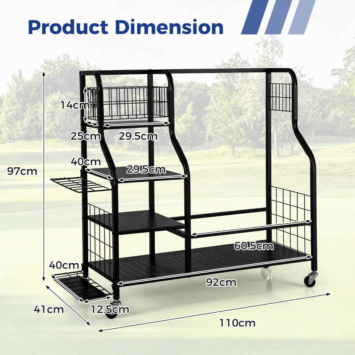 LIVSK Golfuitrusting Organizer - Voor 2 Golftassen - Ruimtebesparend met 3 Planken en 6 Haken - Stevige Metalen Constructie -