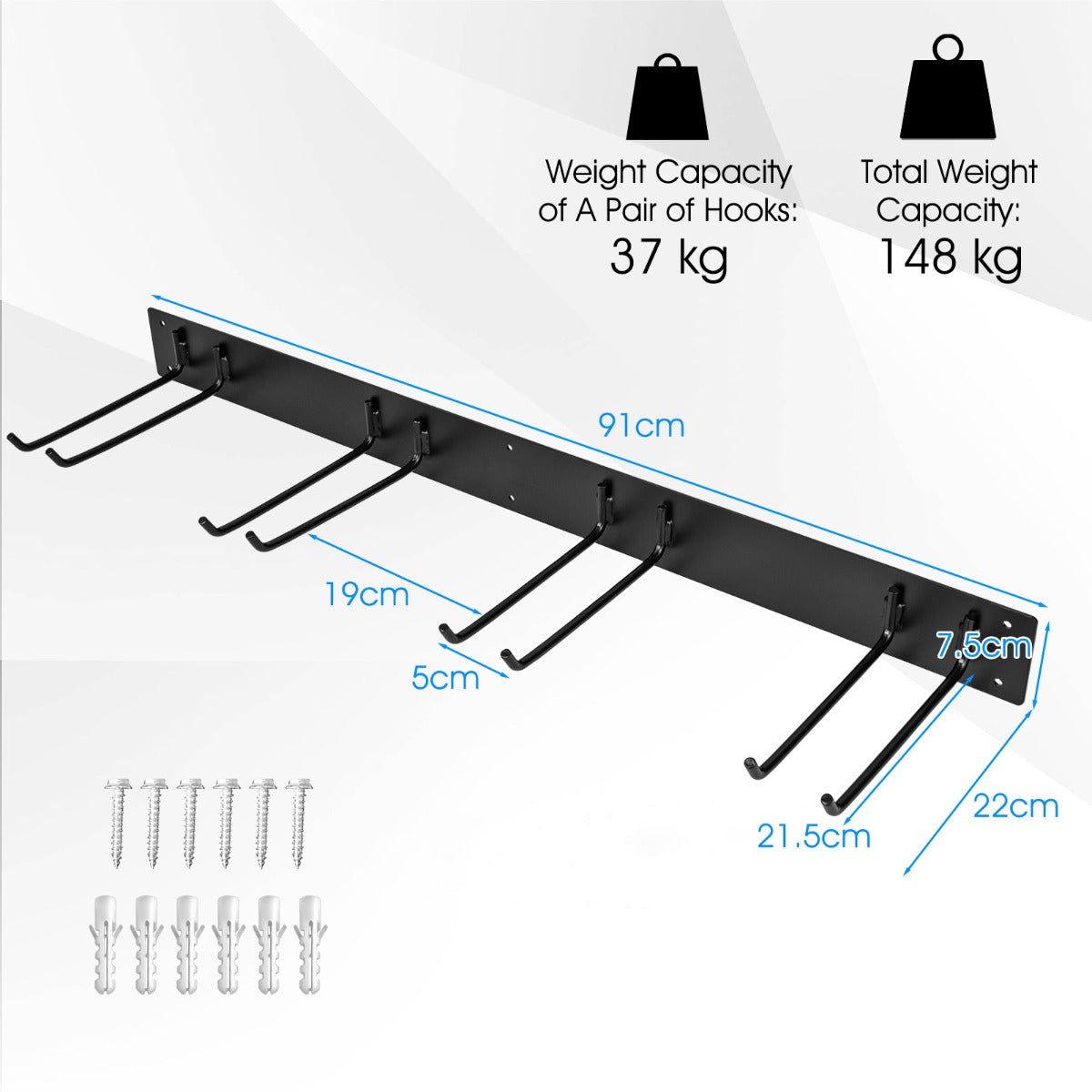 Livsk costway organiser voor tuingereedschap stevig volledig metalen gereedschapsrek met 8 haken 91 cm wandopbergsysteem voor spades harken en meer 2