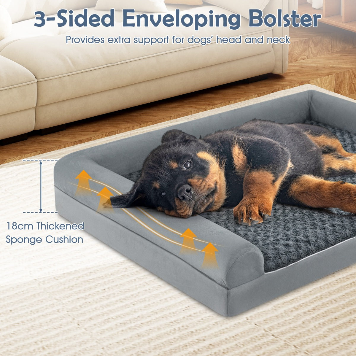 LIVSK Orthopedisch Hondenbed - Eivormig Schuimkussen - Driedelige Rand - Waterdichte Hoes - Tot 50 kg - 122 x 89 x 18 cm - Grijs