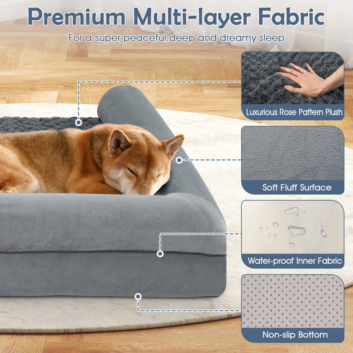 LIVSK Orthopedisch Hondenbed - Ei-vormig Schuimkussen - Driedelige Rand - Waterdicht - Tot 68 kg - 135 x 91 x 18 cm - Grijs