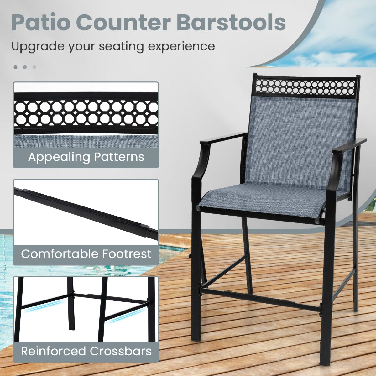 LIVSK Robuuste Barkrukken met Armleuningen - Metalen Frame - Comfortabele Zitting - Zithoogte 63 cm - Set van 2 - Blauw