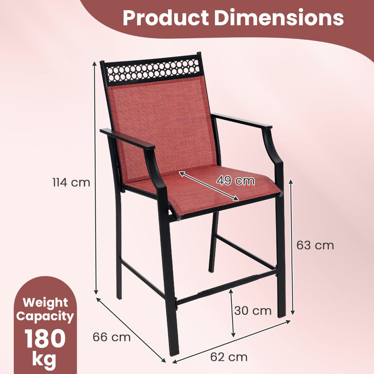 LIVSK Stevige Barkrukken met Armleuningen - Vervormingsbestendig Metaal - Zithoogte 63 cm - Comfortabele Zitting - Rood