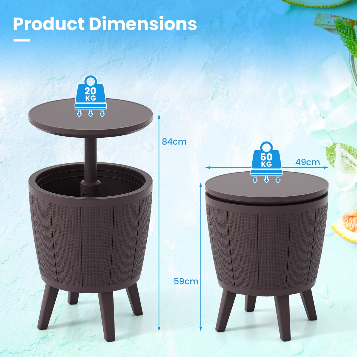 Livsk costway outdoor cocktailtafel in hoogte verstelbaar met drankkoeler voorzien van opklapbaar deksel en afvoerklep weerbestendige bijzettafel