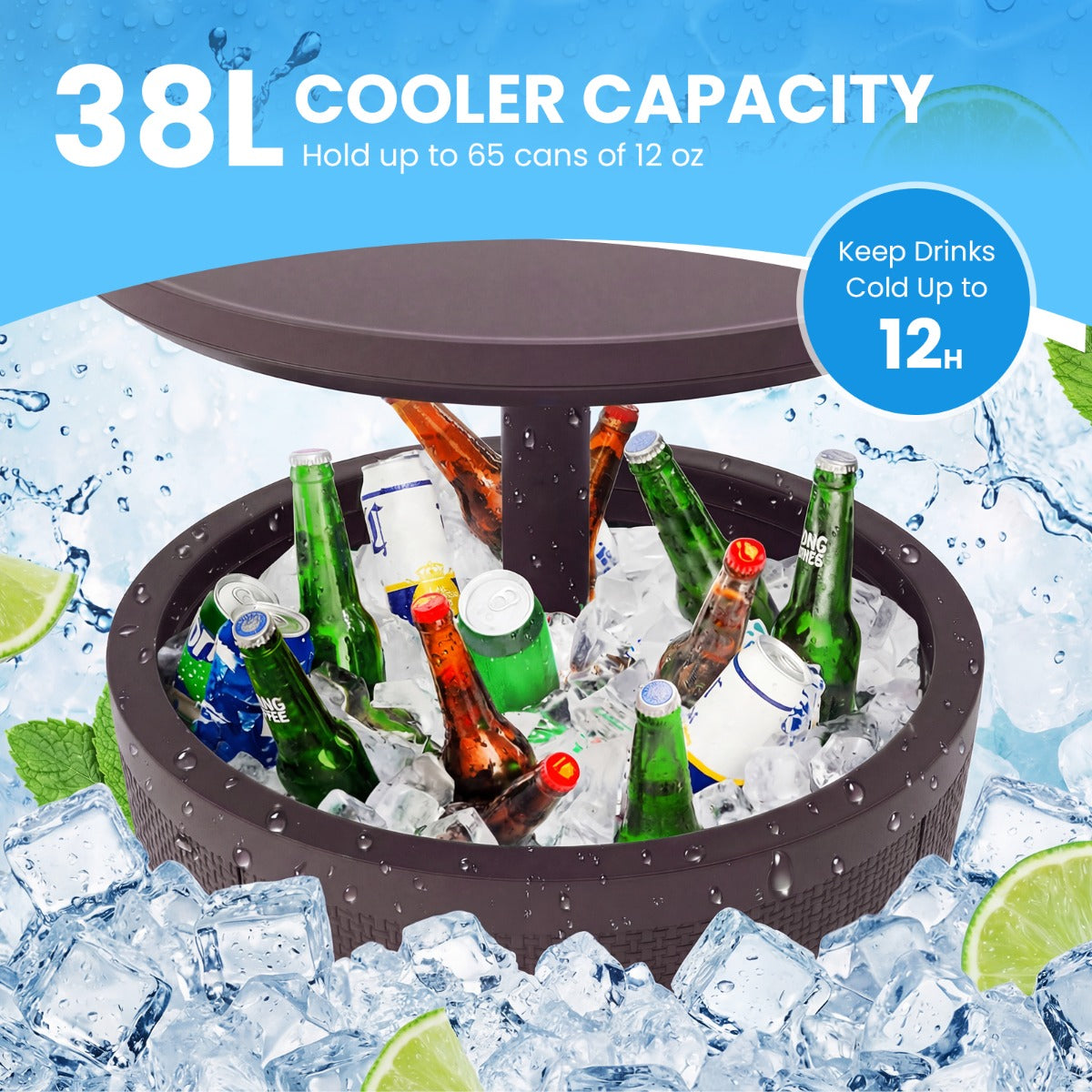 Livsk costway outdoor cocktailtafel in hoogte verstelbaar met drankkoeler voorzien van opklapbaar deksel en afvoerklep weerbestendige bijzettafel