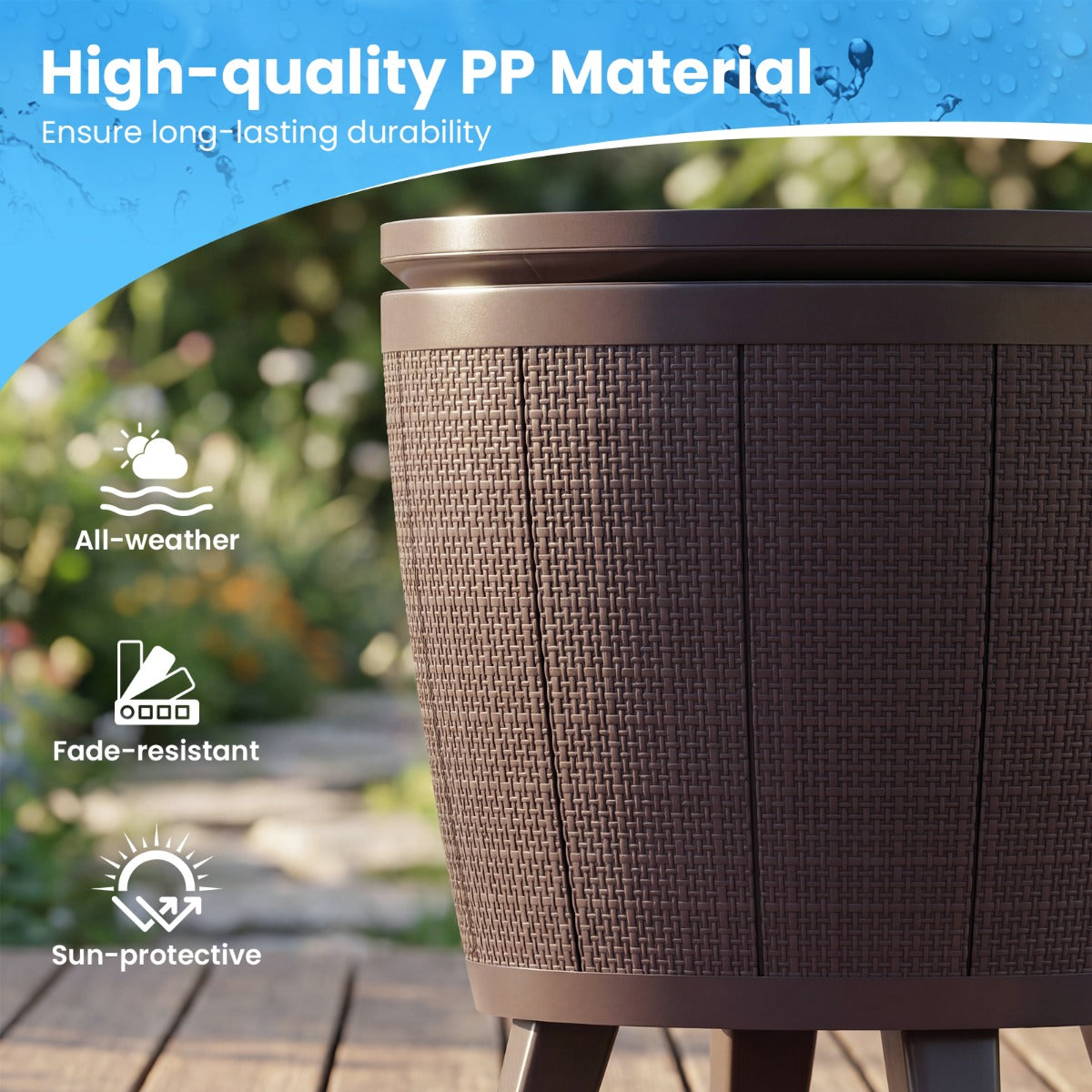 Livsk costway outdoor cocktailtafel in hoogte verstelbaar met drankkoeler voorzien van opklapbaar deksel en afvoerklep weerbestendige bijzettafel