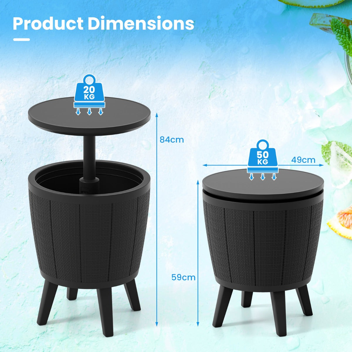 Livsk costway outdoor cocktailtafel in hoogte verstelbaar met drankkoeler voorzien van opklapbaar deksel en afvoerklep weerbestendige bijzettafel zwart