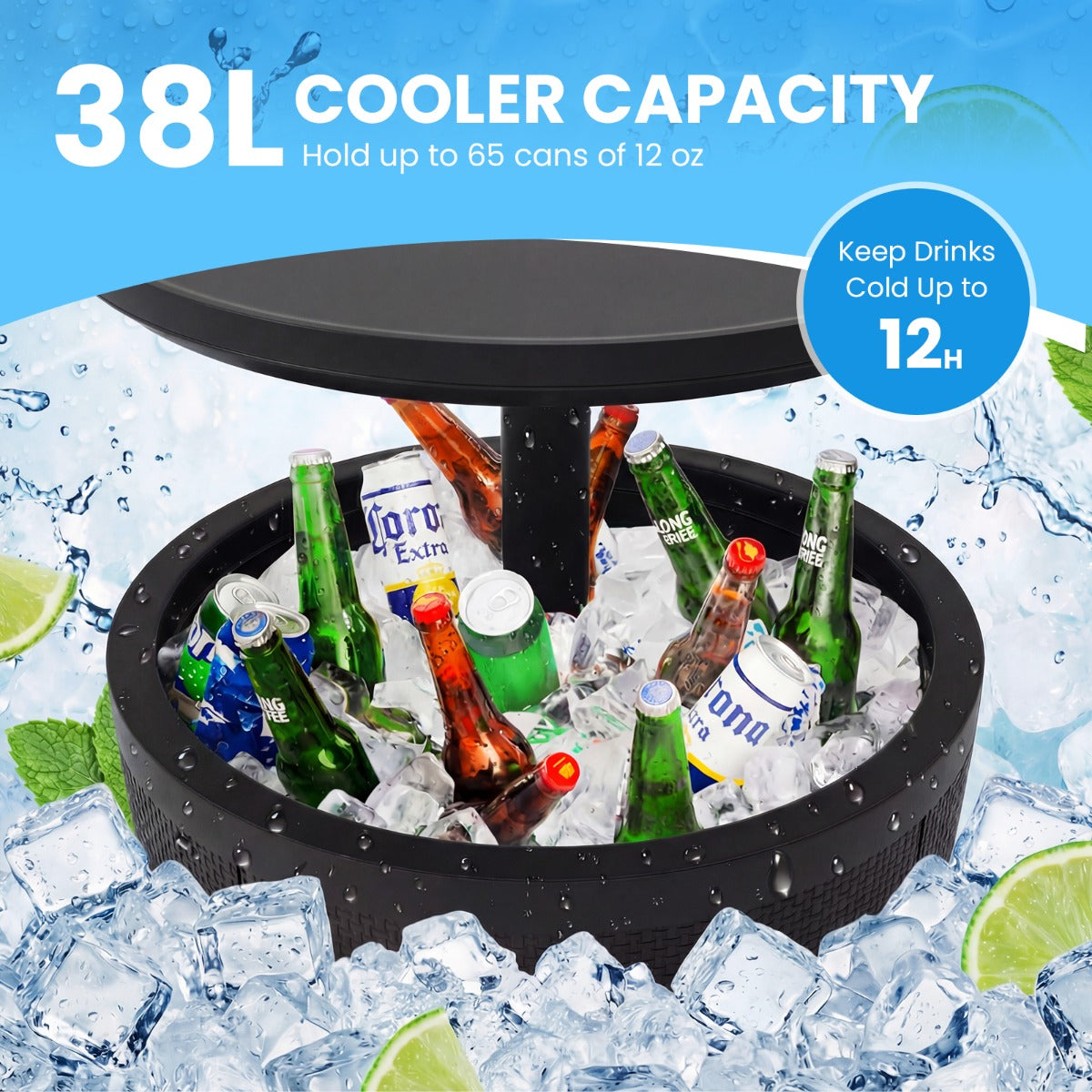 Livsk costway outdoor cocktailtafel in hoogte verstelbaar met drankkoeler voorzien van opklapbaar deksel en afvoerklep weerbestendige bijzettafel zwart