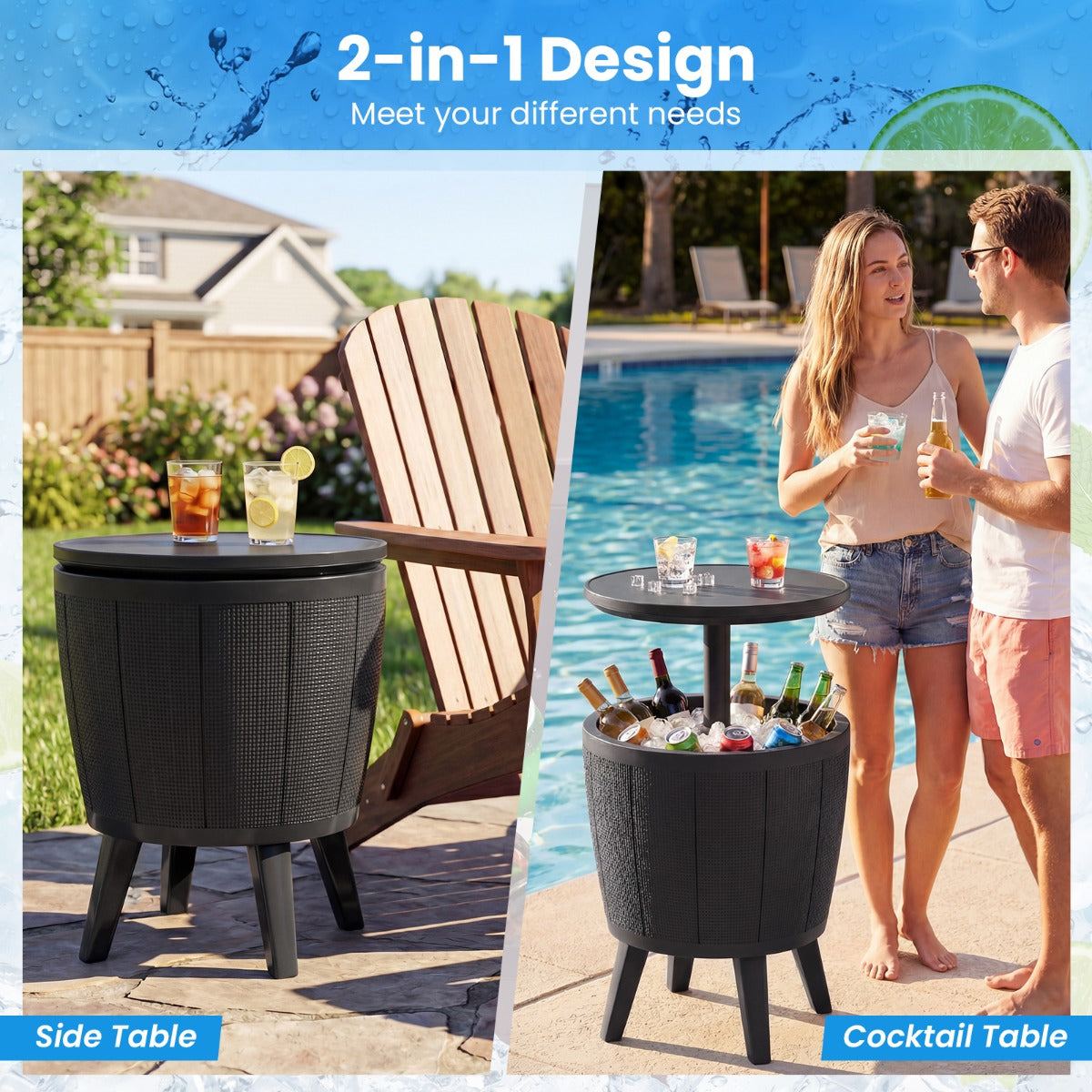 Livsk costway outdoor cocktailtafel in hoogte verstelbaar met drankkoeler voorzien van opklapbaar deksel en afvoerklep weerbestendige bijzettafel zwart