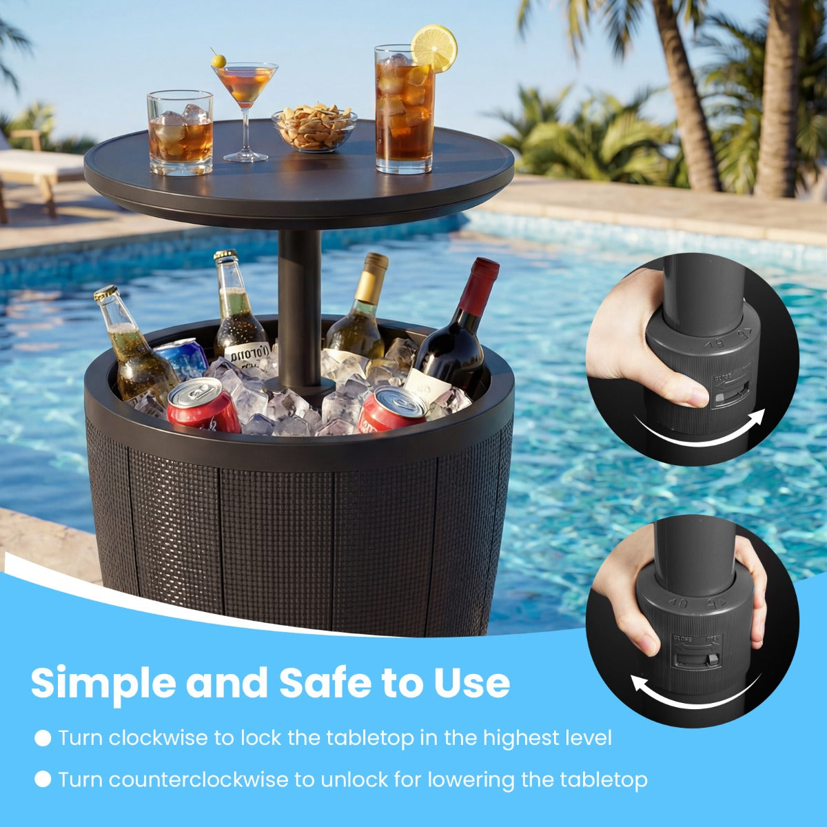 Livsk costway outdoor cocktailtafel in hoogte verstelbaar met drankkoeler voorzien van opklapbaar deksel en afvoerklep weerbestendige bijzettafel zwart