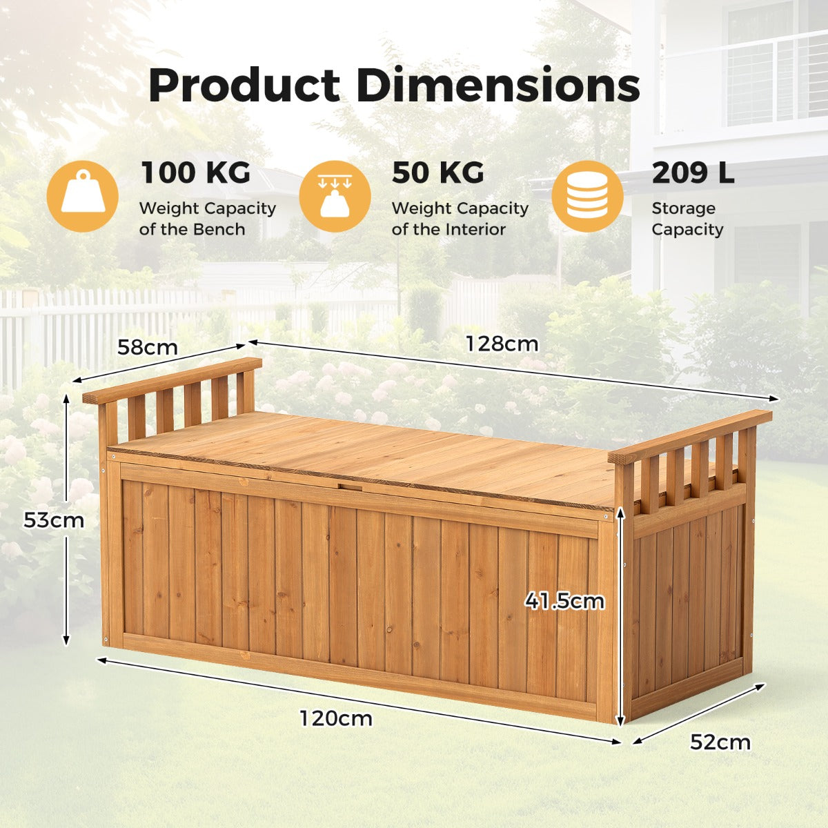 LIVSK Tuinbank met Opbergruimte - 209 L - Stevig Sparrenhout - Waterbestendig - Comfortabele Armleuningen - Natuurlijk hout