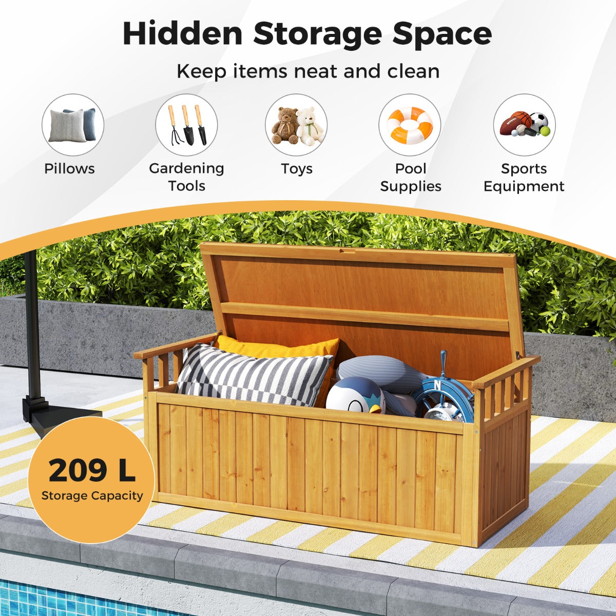LIVSK Tuinbank met Opbergruimte - 209 L - Stevig Sparrenhout - Waterbestendig - Comfortabele Armleuningen - Natuurlijk hout