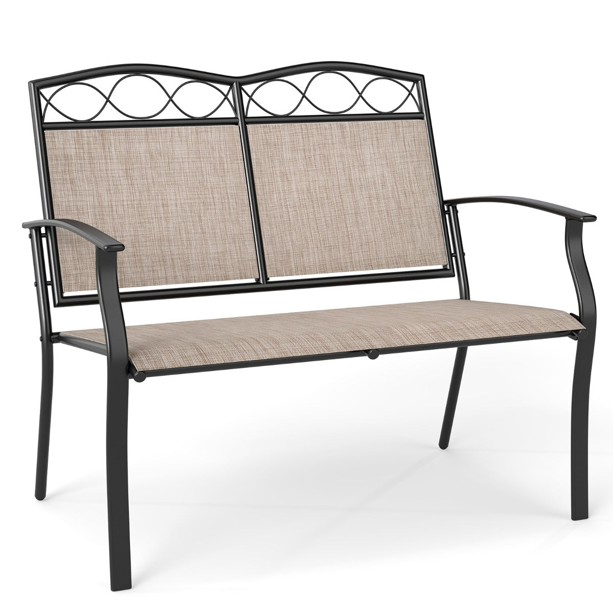Livsk costway outdoorbank voor 2 personen heavy duty metalen dubbele zitting met ademende stof tuinmeubelen met gestoffeerde armleuningen