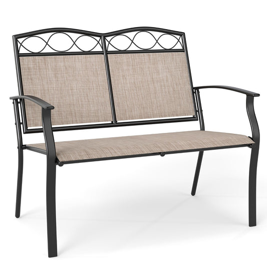 Livsk costway outdoorbank voor 2 personen heavy duty metalen dubbele zitting met ademende stof tuinmeubelen met gestoffeerde armleuningen