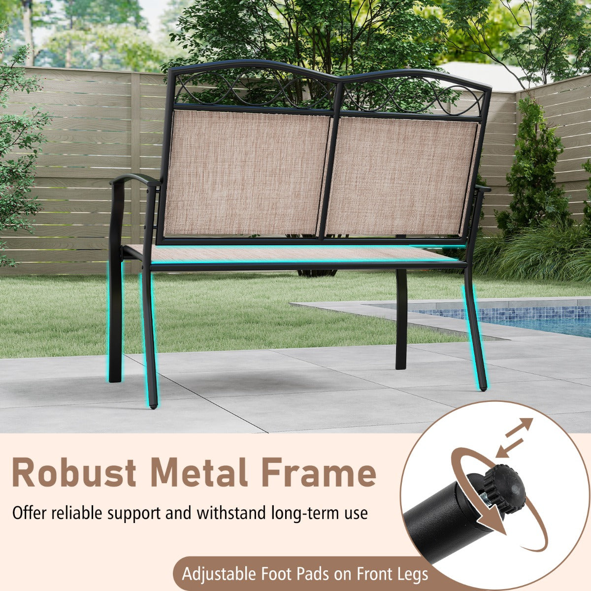 Livsk costway outdoorbank voor 2 personen heavy duty metalen dubbele zitting met ademende stof tuinmeubelen met gestoffeerde armleuningen 3