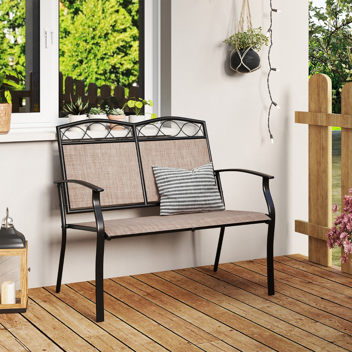 Livsk costway outdoorbank voor 2 personen heavy duty metalen dubbele zitting met ademende stof tuinmeubelen met gestoffeerde armleuningen 6