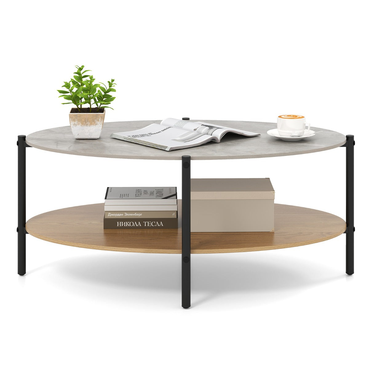 LIVSK Elegante Ovale Bijzettafel - Natuurstenen Blad - Metalen Frame - Twee Niveaus - 105 x 65 x 43 cm - Natuurlijk/Zwart/Grijs