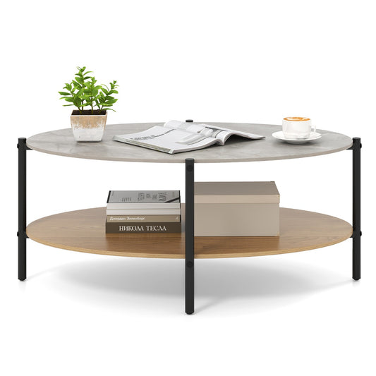 LIVSK Elegante Ovale Bijzettafel - Natuurstenen Blad - Metalen Frame - Twee Niveaus - 105 x 65 x 43 cm - Natuurlijk/Zwart/Grijs
