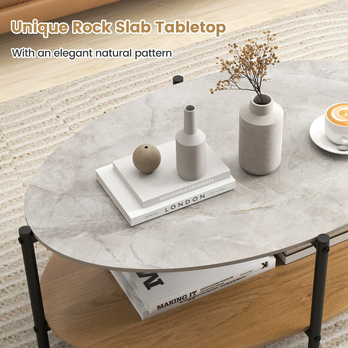 LIVSK Elegante Ovale Bijzettafel - Natuurstenen Blad - Metalen Frame - Twee Niveaus - 105 x 65 x 43 cm - Natuurlijk/Zwart/Grijs