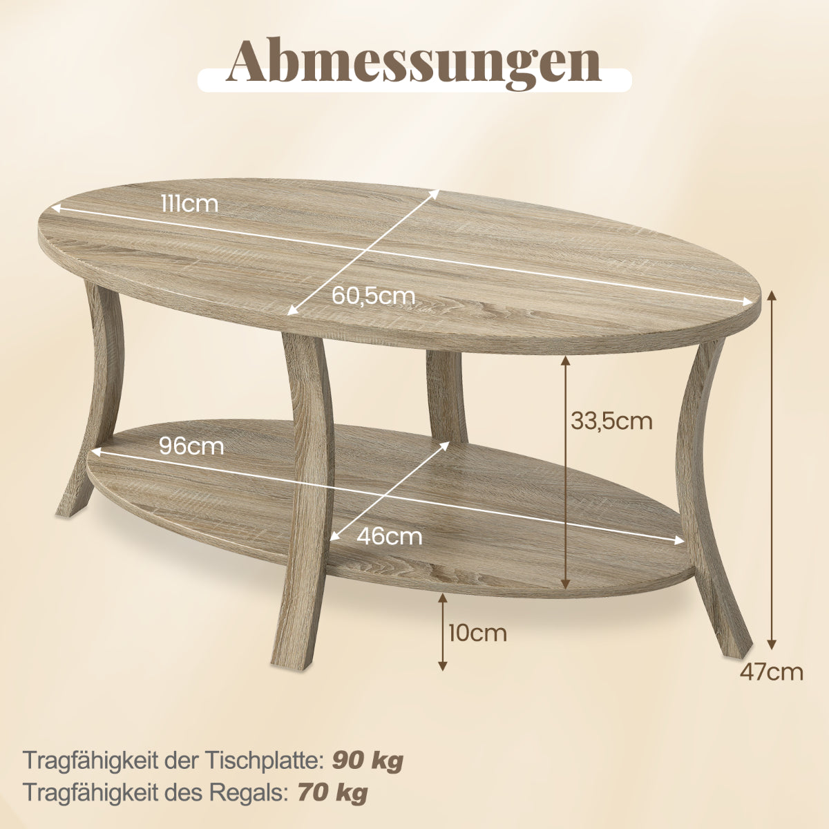 LIVSK Ovale Salontafel met Opbergruimte - 2-laags - Rubberhout - Tot 160 kg - Rustieke Elegantie - Grijs
