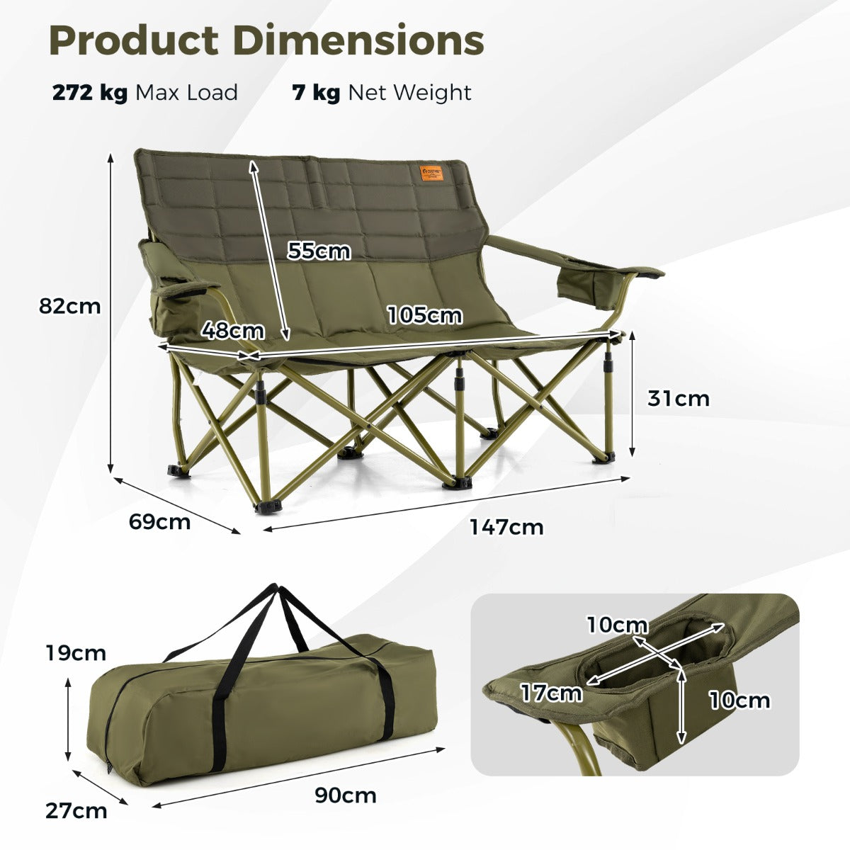 LIVSK Campingstoel voor 2 Personen - Opvouwbaar - Verstelbare Armleuningen - Draagvermogen 272 kg - 105 x 48 cm - Groen