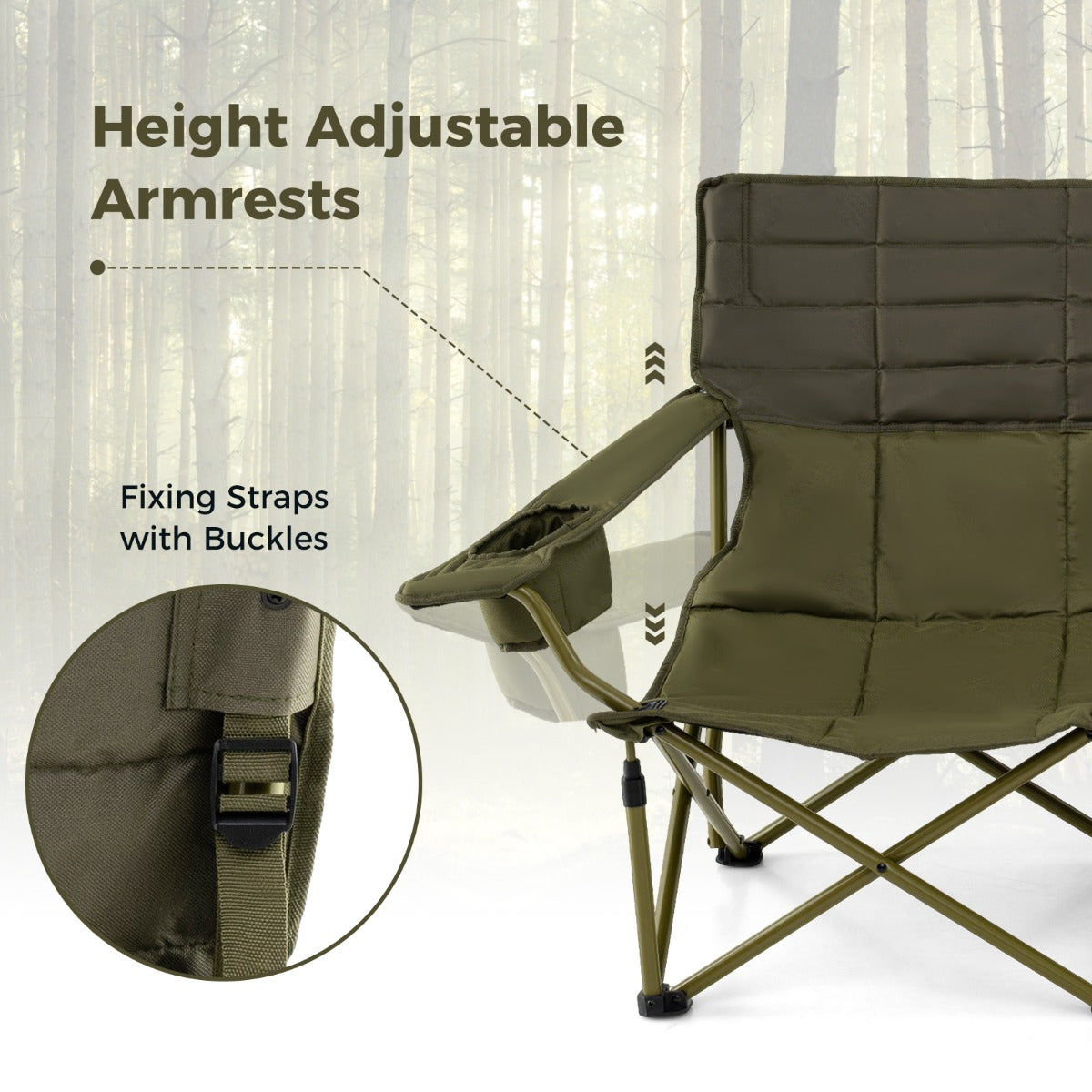 LIVSK Campingstoel voor 2 Personen - Opvouwbaar - Verstelbare Armleuningen - Draagvermogen 272 kg - 105 x 48 cm - Groen