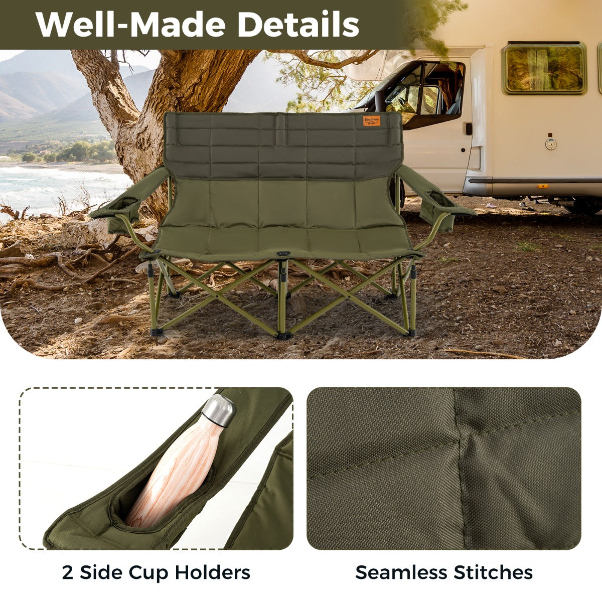 LIVSK Campingstoel voor 2 Personen - Opvouwbaar - Verstelbare Armleuningen - Draagvermogen 272 kg - 105 x 48 cm - Groen