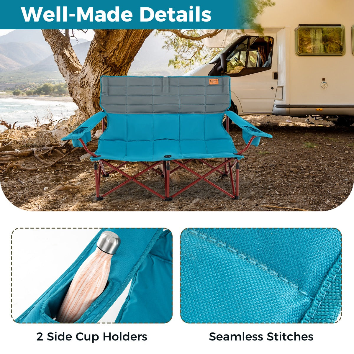 LIVSK Campingstoel voor 2 Personen - Extra Grote Zitting 105 x 48 cm - Opvouwbaar met Draagtas - Tot 272 kg - Marineblauw