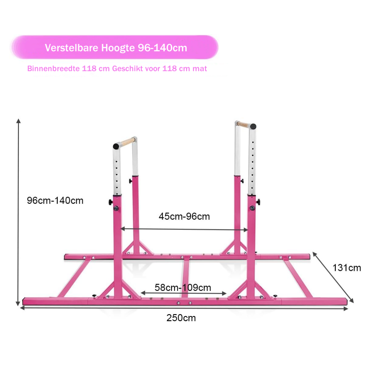LIVSK Parallelle Gymnastiekstang - Verstelbaar van 96 tot 140 cm - Dubbele Vergrendeling - Tot 100 kg - Voor Kinderen 6-12 - Roze