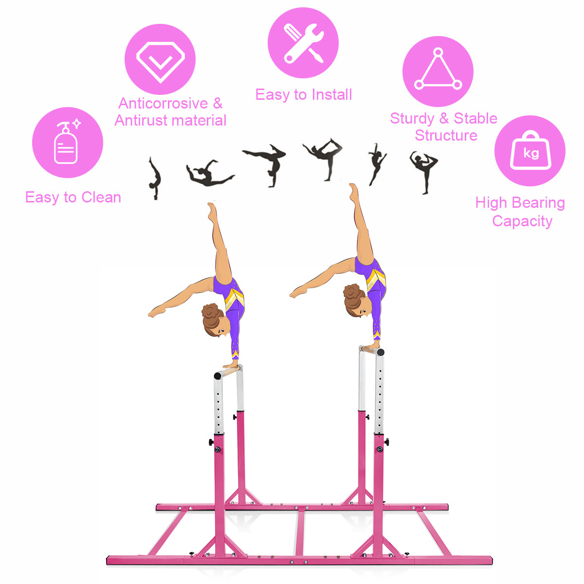 LIVSK Parallelle Gymnastiekstang - Verstelbaar van 96 tot 140 cm - Dubbele Vergrendeling - Tot 100 kg - Voor Kinderen 6-12 - Roze