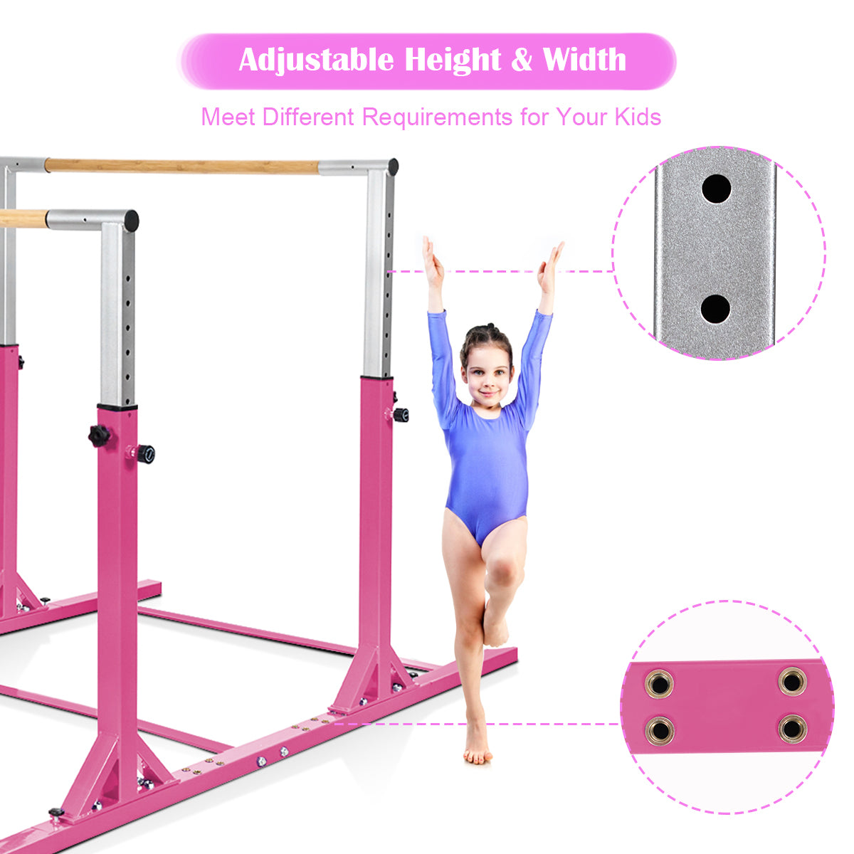 LIVSK Parallelle Gymnastiekstang - Verstelbaar van 96 tot 140 cm - Dubbele Vergrendeling - Tot 100 kg - Voor Kinderen 6-12 - Roze