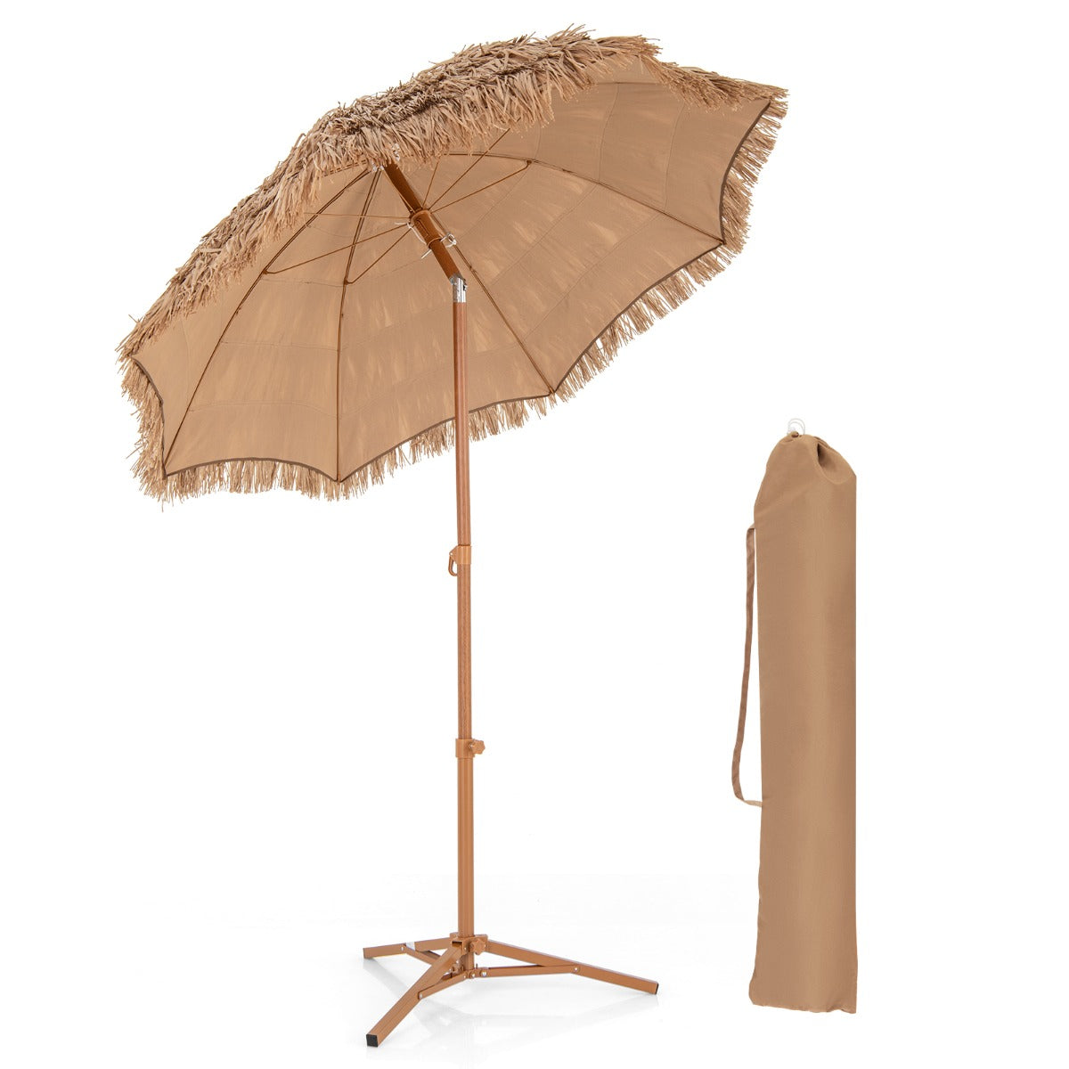 LIVSK Rieten Parasol - Hawaïaanse stijl - Kantelbaar - Opvouwbaar met Draagtas - 200 x 218 cm - Natuurlijk