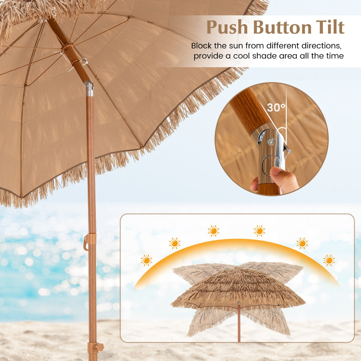 LIVSK Rieten Parasol - Hawaïaanse stijl - Kantelbaar - Opvouwbaar met Draagtas - 200 x 218 cm - Natuurlijk