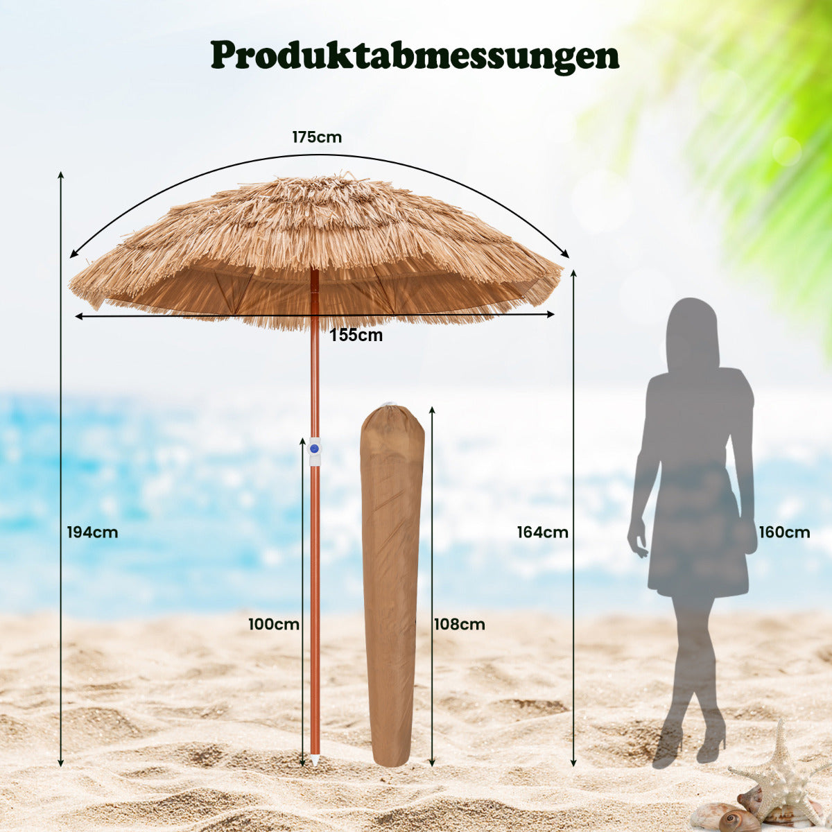 LIVSK Hawaïaanse Strandparasol - Verstelbaar en Kantelbaar - Draagtas - Duurzaam Polyester - 155 x 194 cm - Natuurlijk Strodak