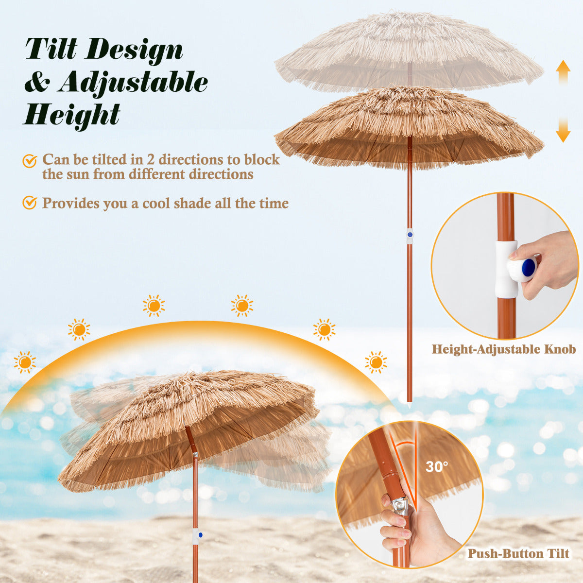 LIVSK Hawaïaanse Strandparasol - Verstelbaar en Kantelbaar - Draagtas - Duurzaam Polyester - 155 x 194 cm - Natuurlijk Strodak