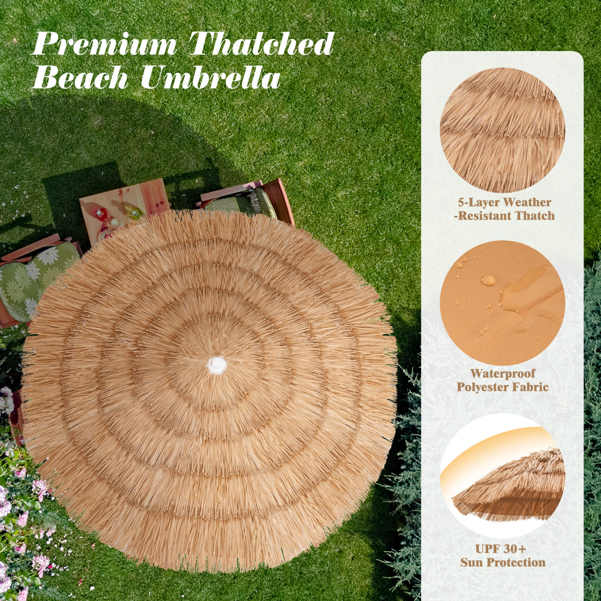LIVSK Hawaïaanse Strandparasol - Verstelbaar en Kantelbaar - Draagtas - Duurzaam Polyester - 155 x 194 cm - Natuurlijk Strodak